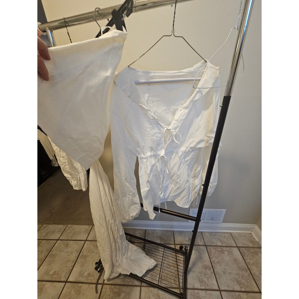 Commense White Cotton Linen Tie Front Long Sleeve Top and Shorts Set Small NWT